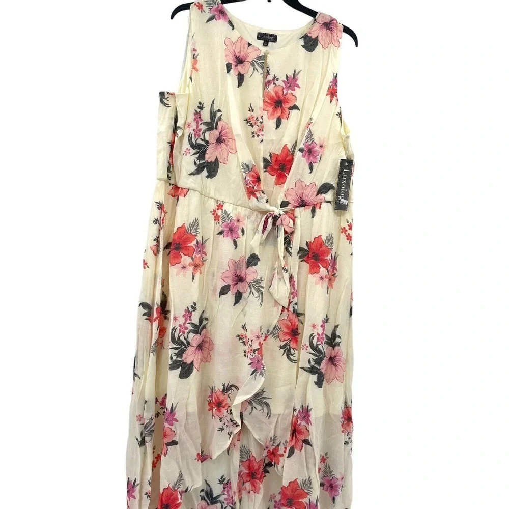 Luxology Women's 3X Floral Midi Dress Sleeveless Keyhole Tie-Waist Lined NWT - Picture 5 of 13